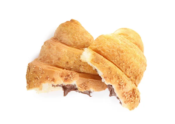 Halvor Välsmakande Croissant Med Choklad Och Sesamfrön Vit Bakgrund Ovanifrån — Stockfoto