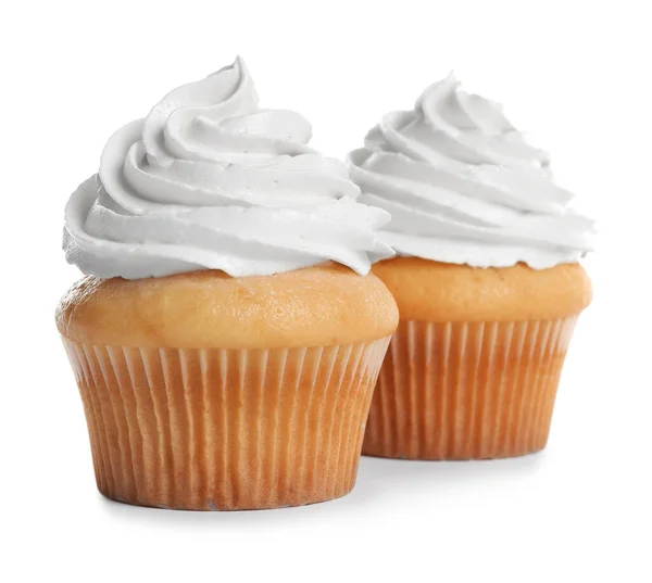 Delicious Cupcakes Decorated Cream White Background — Stock Photo, Image