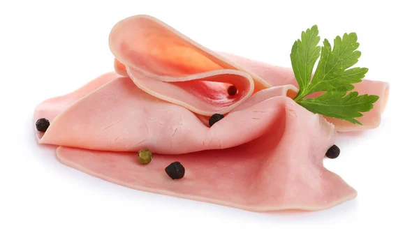 Délicieuses Tranches Jambon Persil Poivre Isolé Sur Blanc — Photo