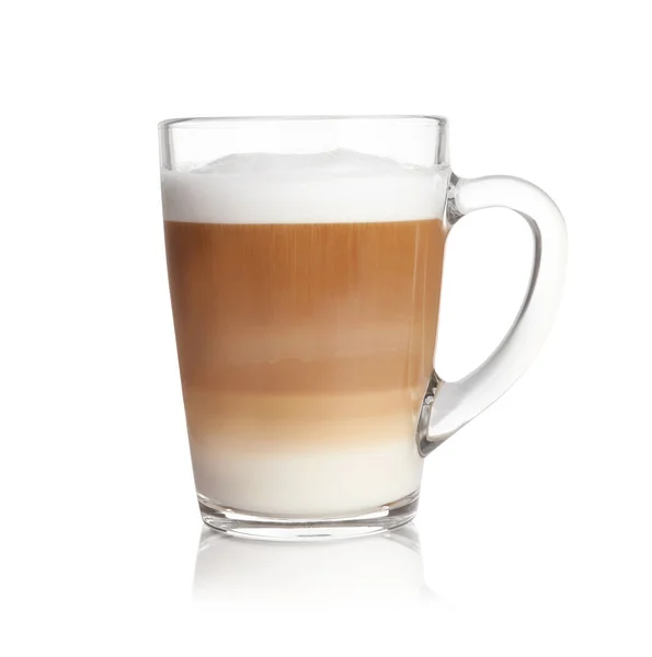 Varmt Kaffe Med Mjölk Glas Kopp Isolerad Vitt — Stockfoto