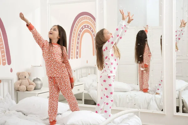 Cute Little Girls Pajamas Playing Feathers Bed Home Happy Childhood — Stock Photo, Image