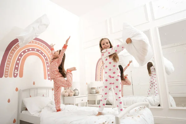 Cute Little Girls Pajamas Playing Bed Home Happy Childhood — Stock Photo, Image