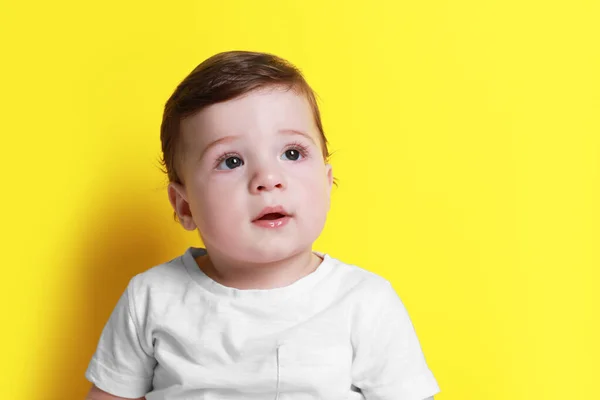 Cute Little Baby Boy Yellow Background Space Text — Stock Photo, Image