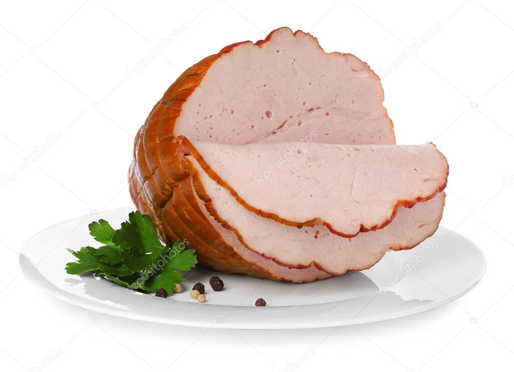 Delicious sliced ham with parsley and peppercorns isolated on white