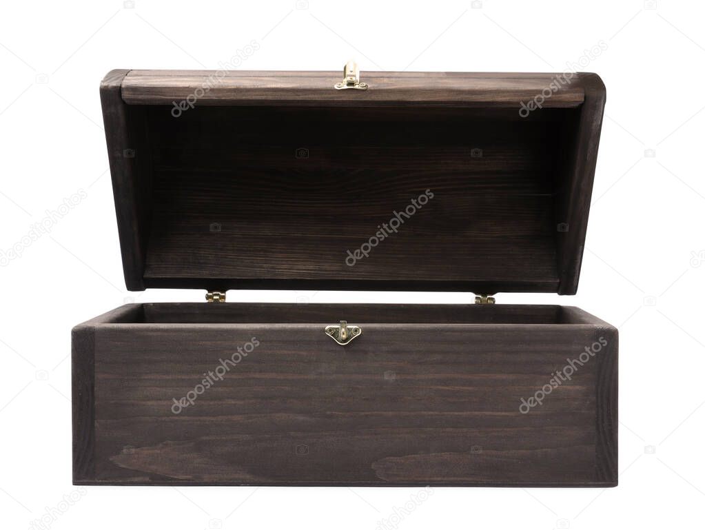 Open old wooden treasure chest isolated on white