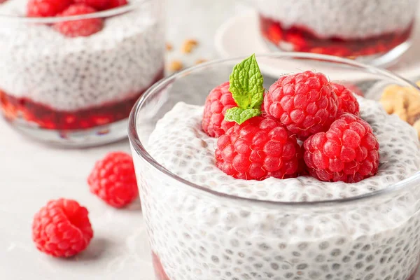 Delicious Chia Pudding Raspberries Mint Glass Closeup — Stock Photo, Image