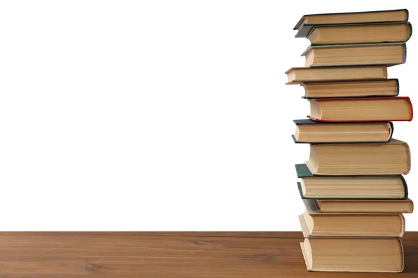 Montón Libros Sobre Mesa Madera Sobre Fondo Blanco Material Biblioteca — Foto de Stock