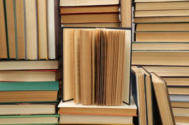 Arka plan olarak birçok ciltli kitap. Kütüphane materyali