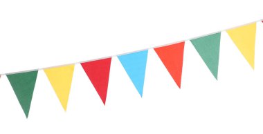 Beyaz arka planda renkli üçgen bayraklar olan bir kiraz kuşu. Şenlik Dekoru