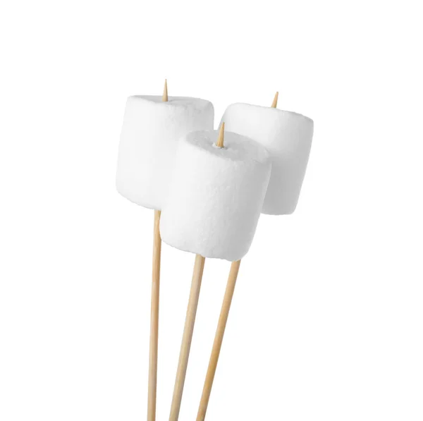 Sticks Delicious Puffy Marshmallows White Background — Stock Photo, Image