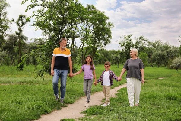 Nette Kinder Mit Großeltern Spazieren Park — Stockfoto