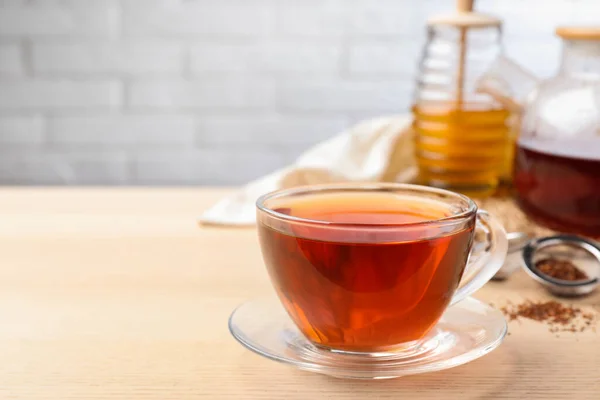 Freshly Brewed Rooibos Tea Wooden Table Space Text — Stock Photo, Image