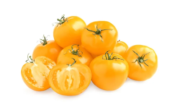 Geschnittene Und Ganze Gelbe Tomaten Auf Weißem Hintergrund — Stockfoto