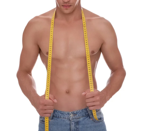 Shirtless Man Med Smal Kropp Och Mätning Tejp Isolerad Vit — Stockfoto