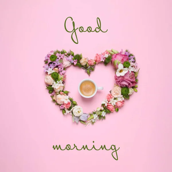 Сердце Разных Цветов Кофе Розовом Фоне Плоское Доброе Утро — стоковое фото