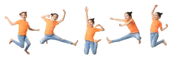 Nettes Kleines Mädchen Springt Auf Weißem Hintergrund Collage Banner Design — Stockfoto