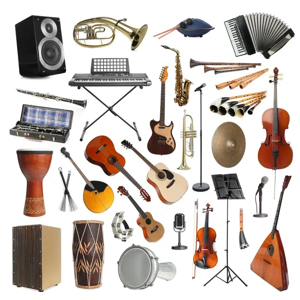 Collection Different Musical Instruments White Background — Stock Photo, Image