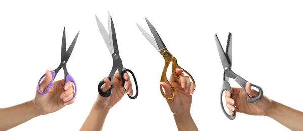 Collage Photos Women Holding Different Scissors White Background Closeup Banner — Stock Photo, Image