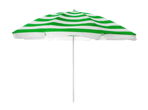 白に隔離されたオープンストライプのビーチ傘 — ストック写真