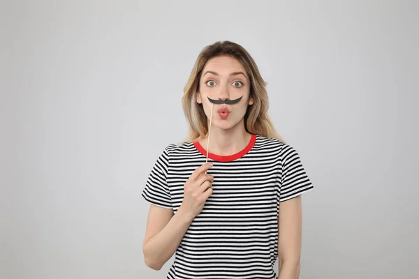 Emotional Woman Fake Mustache Grey Background — Stock Photo, Image