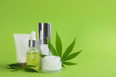 Açık yeşil arka planda CBD yağı, THC tentür ve kenevir yaprakları ile kompozisyon. Metin için boşluk