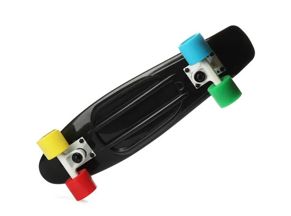 Skateboard Nero Con Ruote Colorate Isolato Bianco — Foto Stock