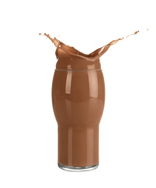 Gustosi Spruzzi Latte Cioccolato Dal Vetro Isolato Bianco — Foto Stock