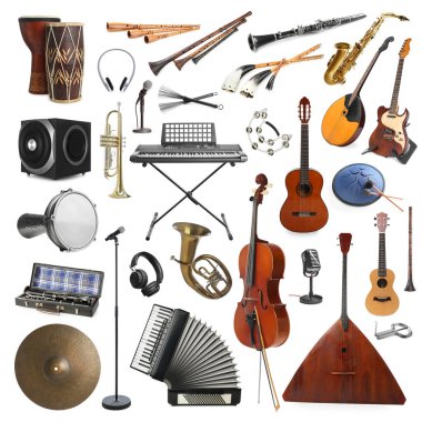 Beyaz arkaplanda farklı müzik aletleri koleksiyonu