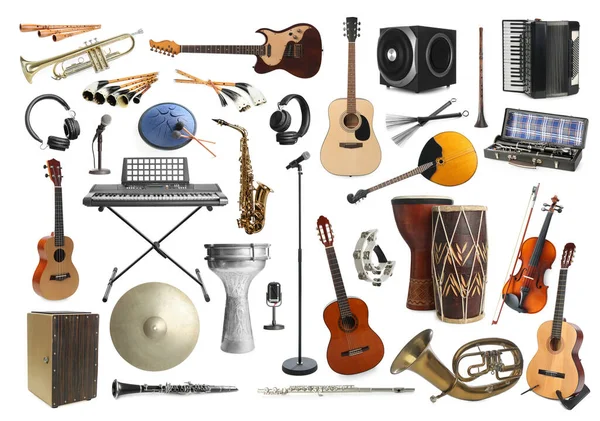 Collection Different Musical Instruments White Background — Stock Photo, Image