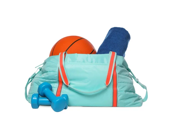 Bag Different Sports Equipment White Background — Stock Photo, Image