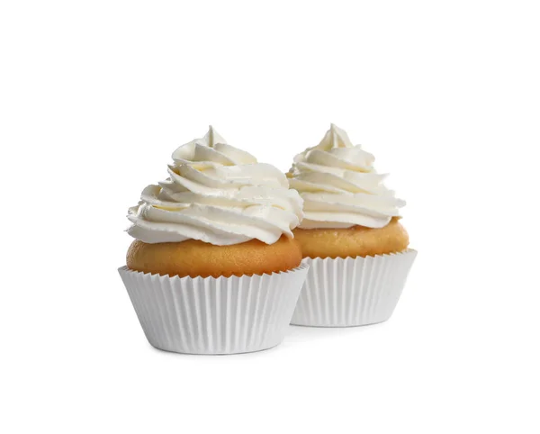 Deliciosos Cupcakes Decorados Con Crema Sobre Fondo Blanco — Foto de Stock