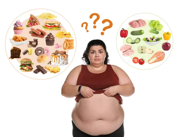 Mulher Com Excesso Peso Escolhendo Entre Alimentos Saudáveis Não Saudáveis — Fotografia de Stock