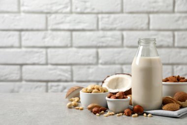 Vejetaryen sütü ve farklı fındıklar. Metin için boşluk