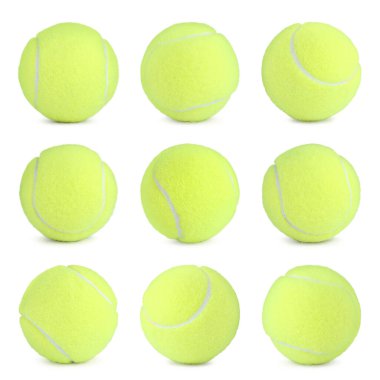 Beyaz arka planda parlak tenis toplarıyla ayarlandı 
