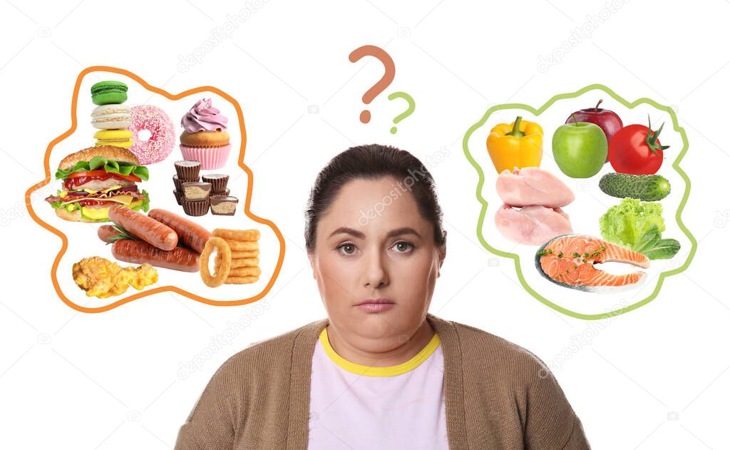 Overweight woman choosing between healthy and unhealthy food on white background