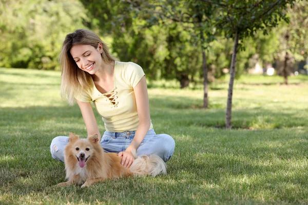 Young Woman Her Cute Dog Green Grass Park Space Text — Stock Photo, Image