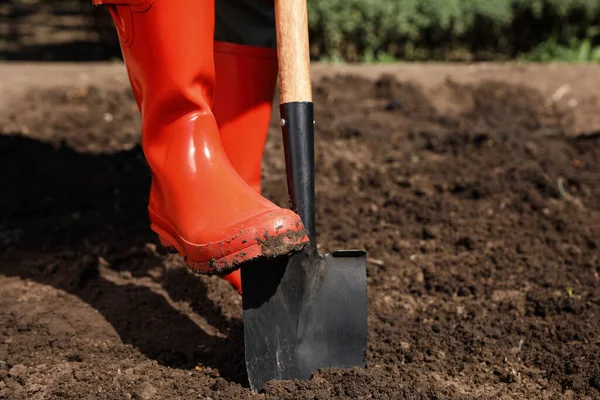 Γυναίκα Σκάβει Χώμα Φτυάρι Έξω Κοντινό Πλάνο Χρόνος Κηπουρικής — Φωτογραφία Αρχείου