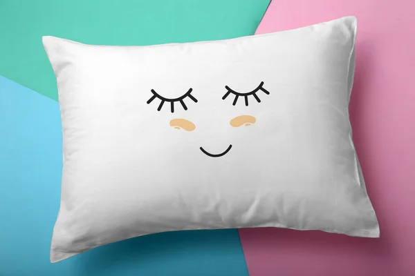 Soft Pillow Cute Face Color Background Top View — Stock Photo, Image