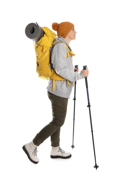 Female Hiker Backpack Trekking Poles White Background — Stock Photo, Image