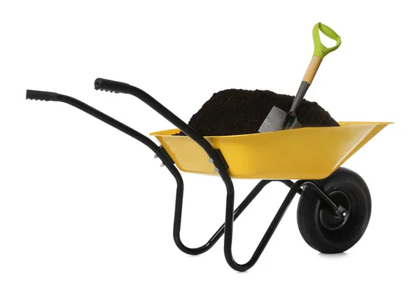 Wheelbarrow Soil Shovel Isolated White Gardening Tools — Stock Photo, Image