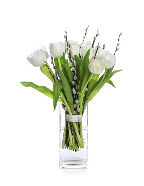 Belo Buquê Ramos Salgueiro Tulipas Vaso Isolado Branco — Fotografia de Stock