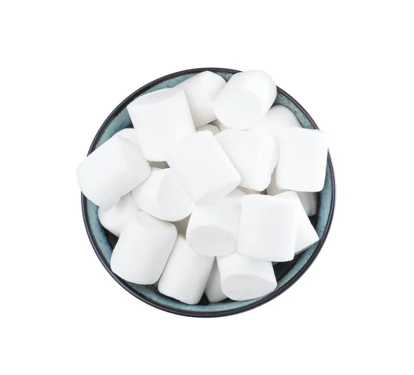 Deliciosos Marshmallows Inchados Tigela Fundo Branco Vista Superior — Fotografia de Stock