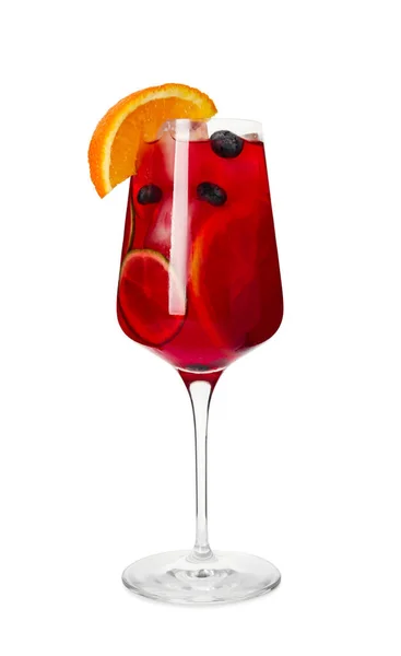 Glas Läckra Röda Sangria Cocktail Isolerad Vit — Stockfoto