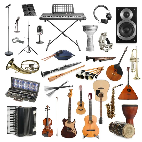 Colección Diferentes Instrumentos Musicales Sobre Fondo Blanco —  Fotos de Stock