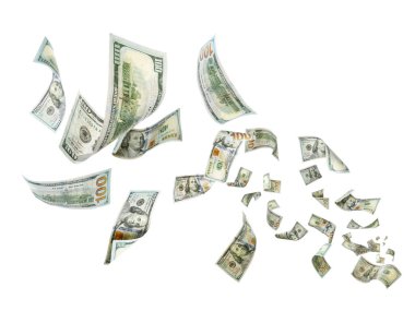 Beyaz arka planda bir sürü Amerikan doları var. Uçan para