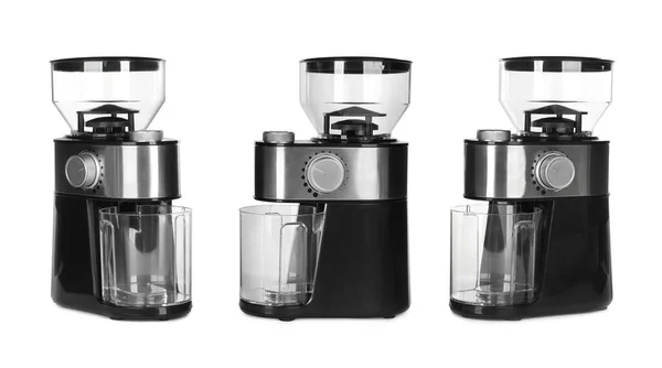 Set Modern Electric Coffee Grinders White Background — Stock Photo, Image