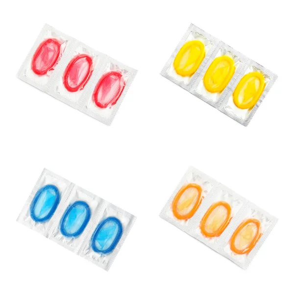 Set Med Kondomer Paket Vit Bakgrund Ovanifrån — Stockfoto