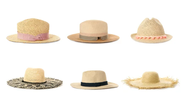 Ensemble Avec Différents Chapeaux Paille Sur Fond Blanc Coiffe Élégante — Photo