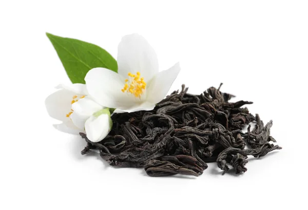 Dry Tea Leaves Fresh Jasmine Flowers White Background — Stock Photo, Image