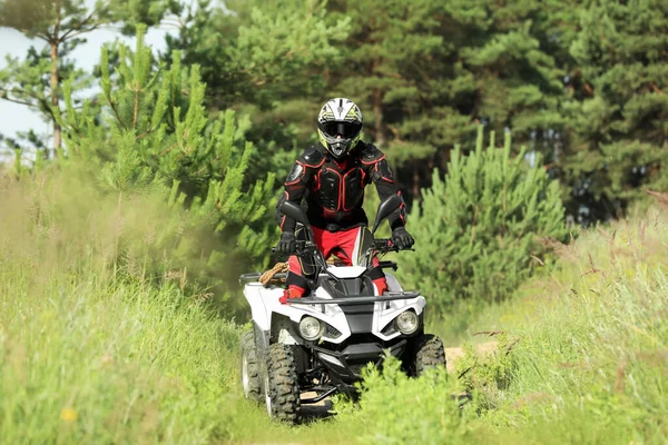 Man Driving Modern Quad Bike Road Forest Extreme Sport — Stock Photo, Image